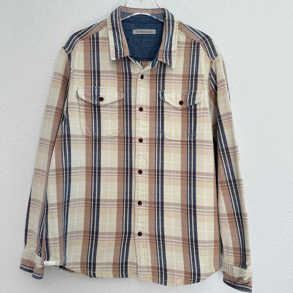 Outerknown Blanket Shirt Men XL Beige Plaid Organic Cotton Long Sleeve Casual